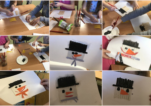 Bałwan z patyczków? Czemu nie. Przy pomocy patyczków od lodów, farb i kolorowych papierów dziewczynki z 2c stworzyły „portrety bałwanka”.